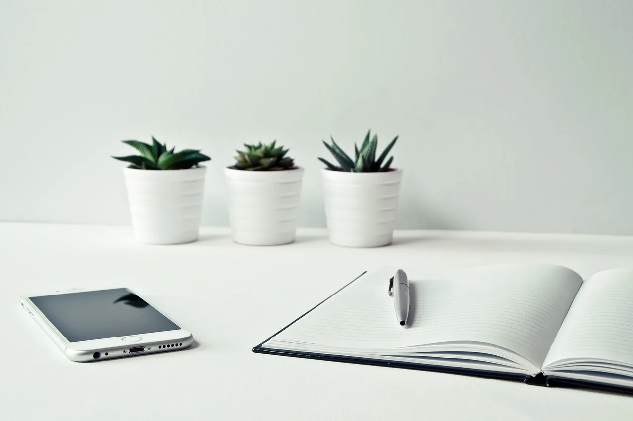 Bureau blanc avec trois petites plantes, une tablette et un carnet ouvert